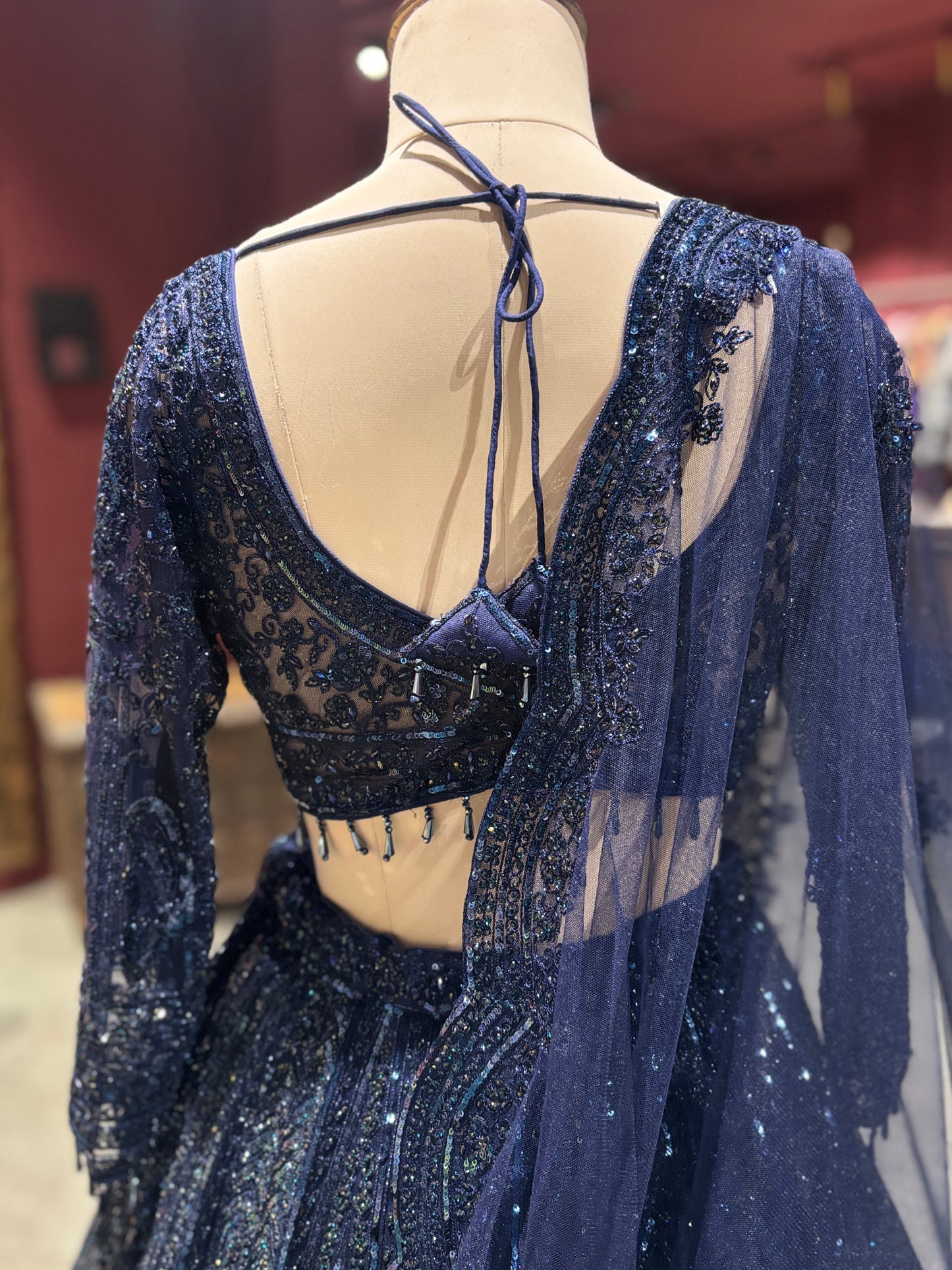 Navy Blue Sequin Embroidered Lehenga with Net Dupatta