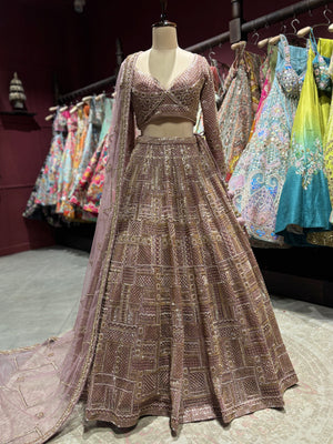 Dusty Rose Heavy Zari Embroidered Lehenga with Net Dupatta
