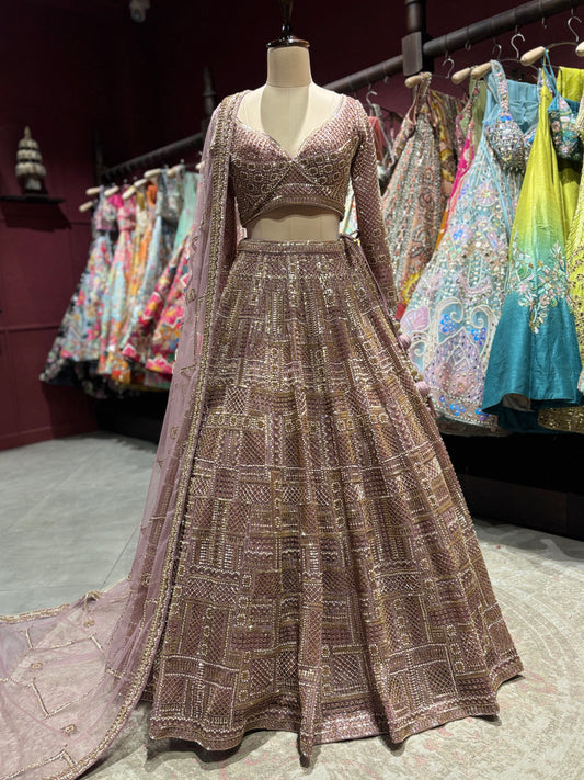 Dusty Rose Heavy Zari Embroidered Lehenga with Net Dupatta
