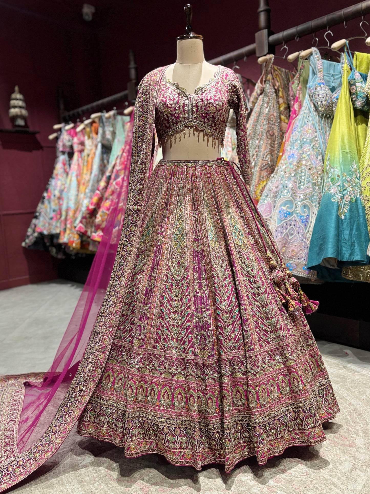 Magenta Heavy Zari Embroidered Lehenga with Net Dupatta