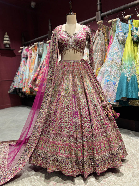 Magenta Heavy Zari Embroidered Lehenga with Net Dupatta
