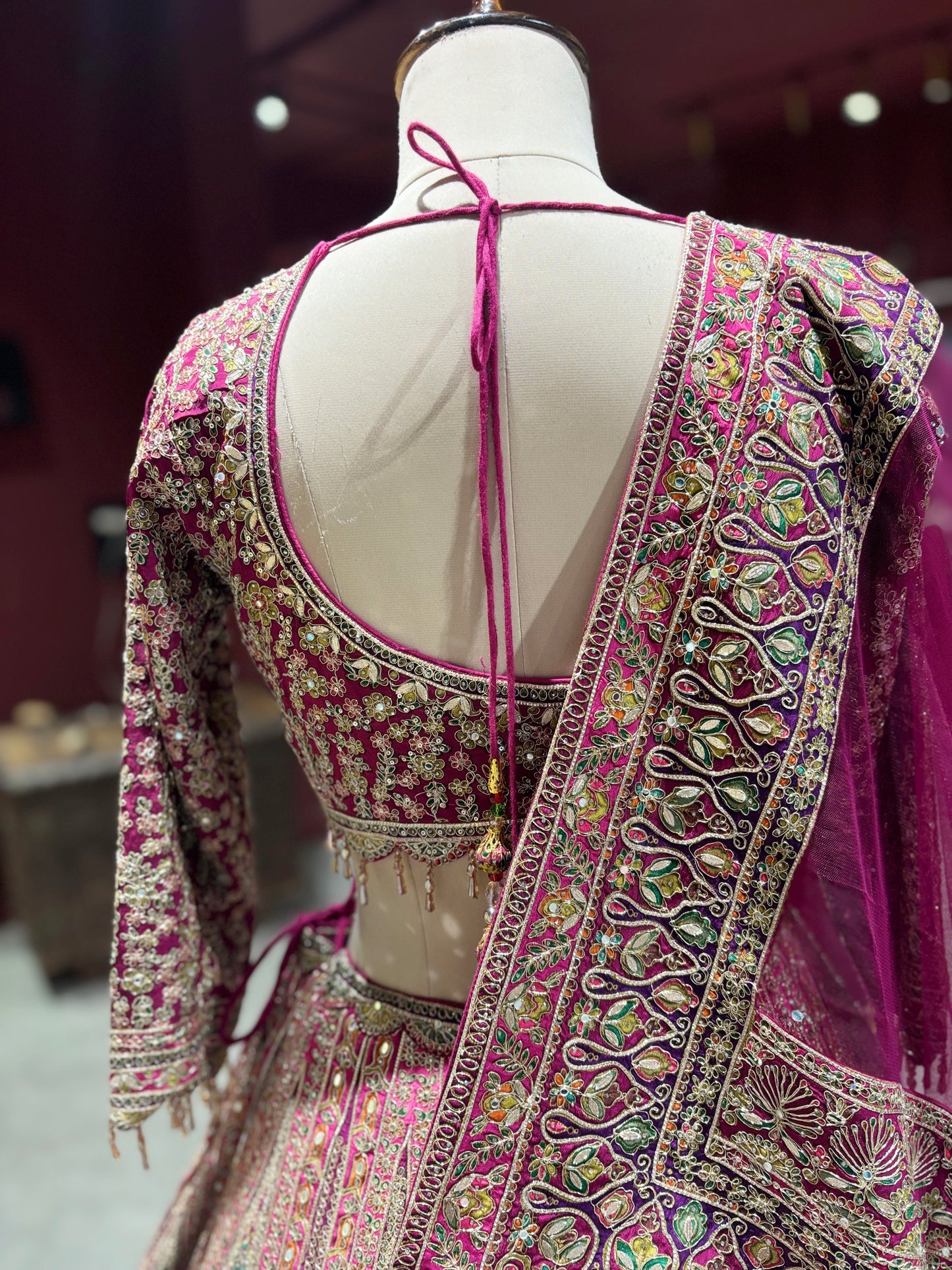 Magenta Heavy Zari Embroidered Lehenga with Net Dupatta