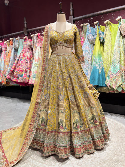 Mustard Yellow Zari  Silk Lehenga with Scenic Motif Dupatta