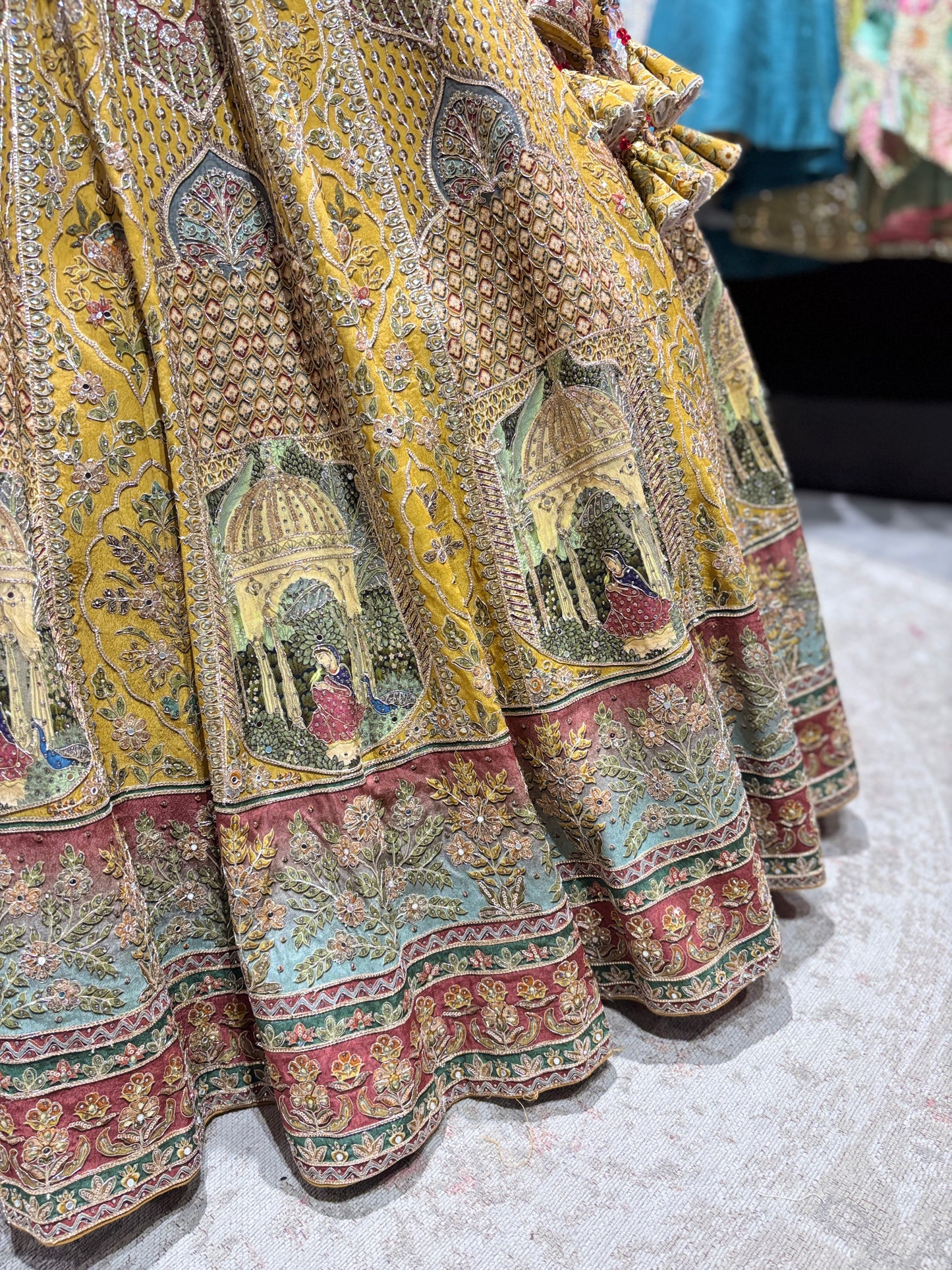 Mustard Yellow Zari  Silk Lehenga with Scenic Motif Dupatta