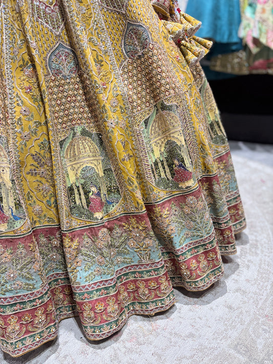 Mustard Yellow Zari  Silk Lehenga with Scenic Motif Dupatta