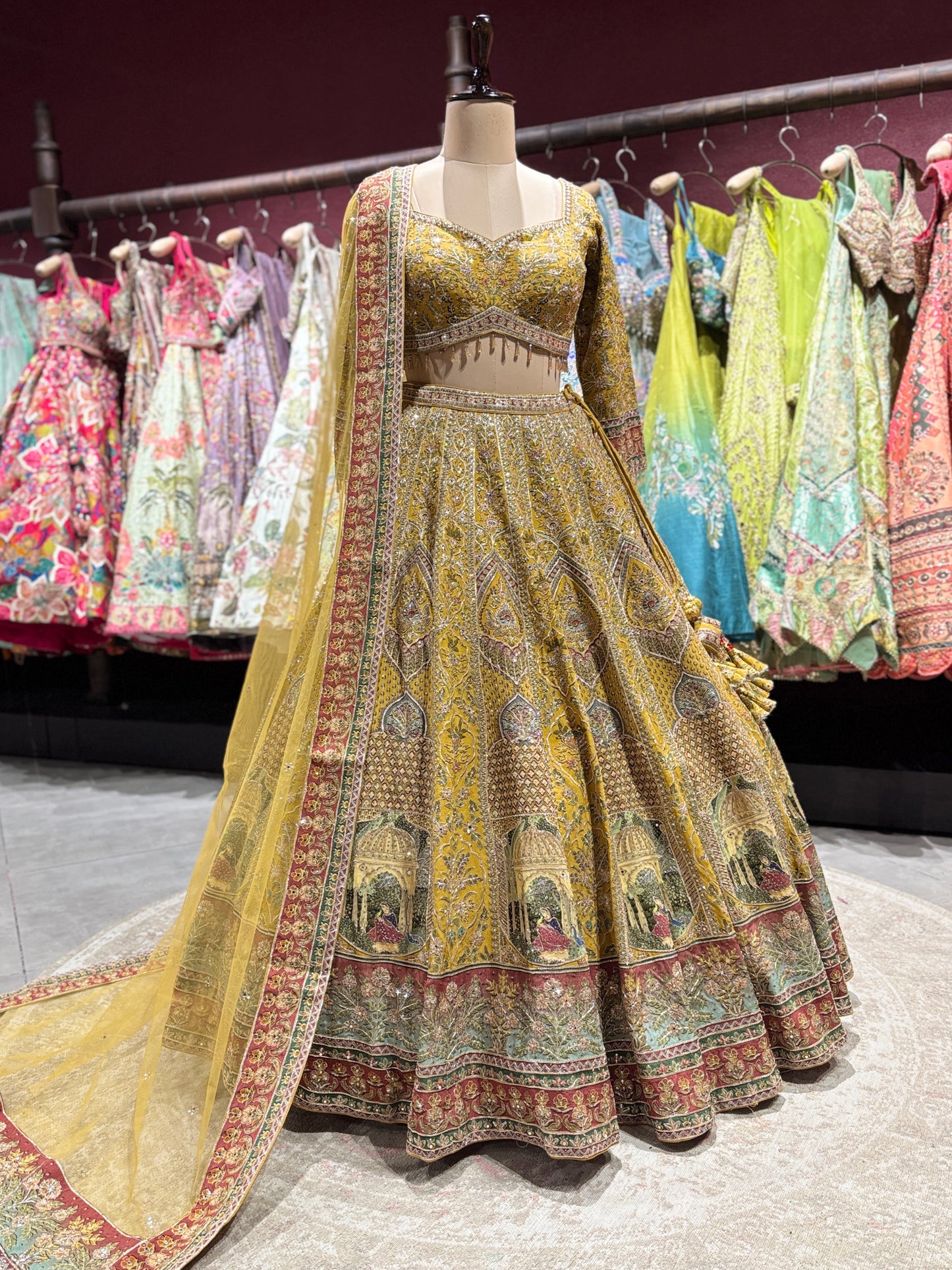 Mustard Yellow Zari  Silk Lehenga with Scenic Motif Dupatta