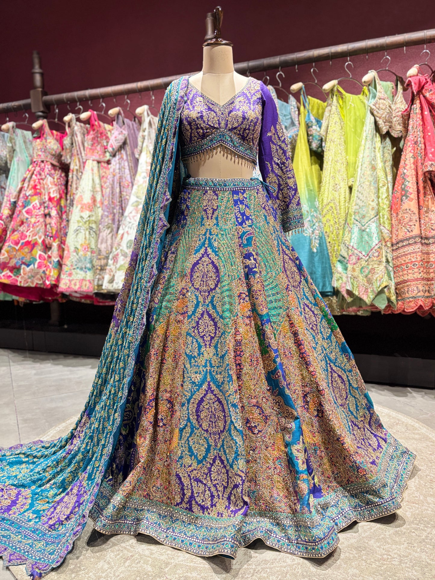 Royal Blue & Teal Zari Embroidered Silk Lehenga with Dupatta