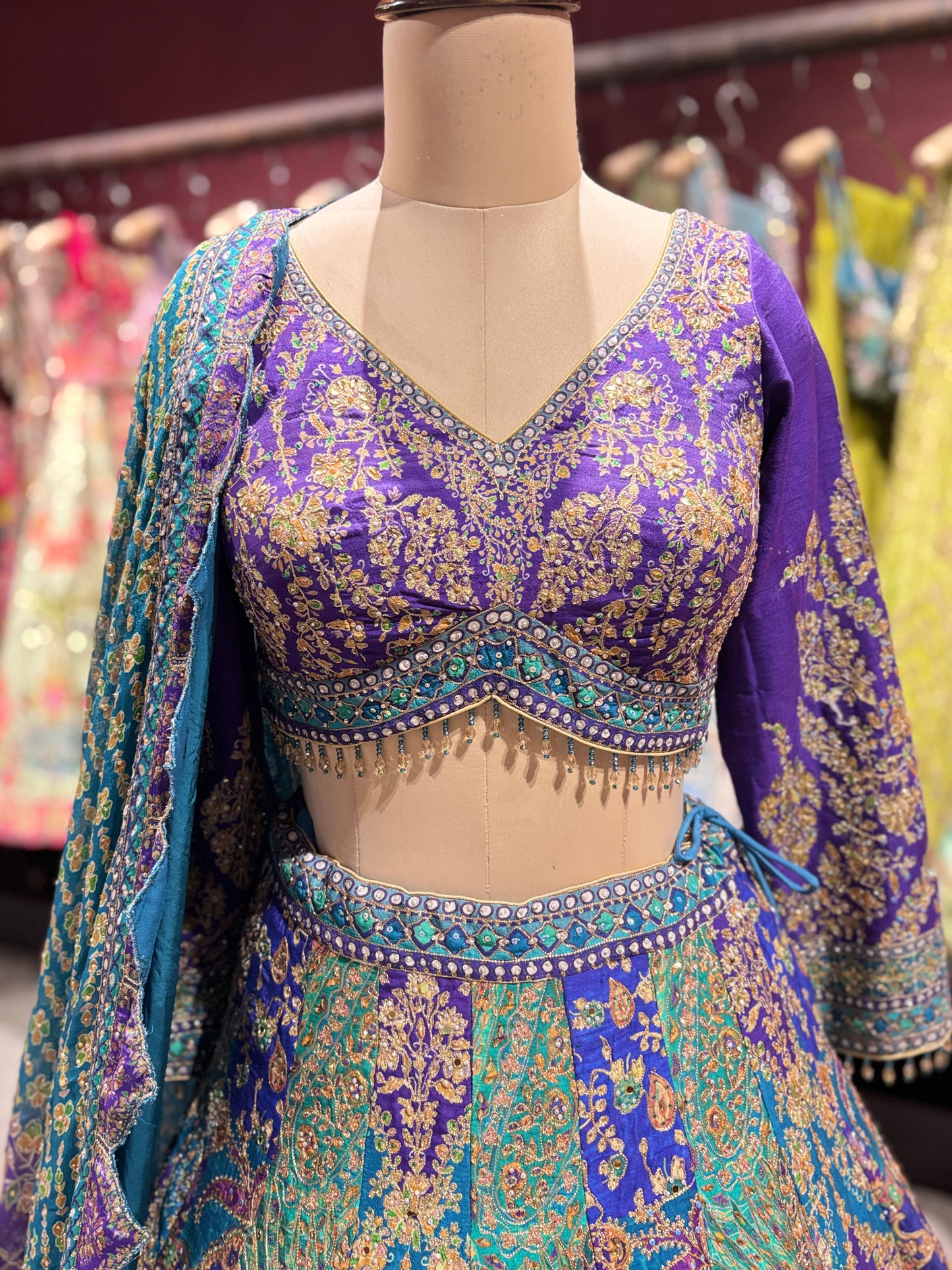 Royal Blue & Teal Zari Embroidered Silk Lehenga with Dupatta