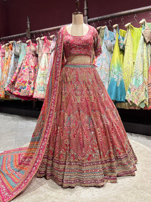 Crimson Red Heavy Zari Embroidered Bridal Lehenga with Dupatta