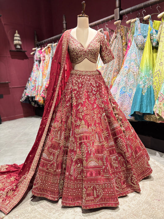 Maroon Zari Embroidered  Lehenga with Architectural Motifs