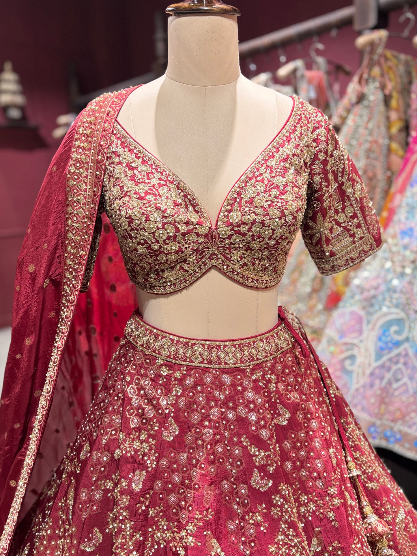 Maroon Zari Embroidered  Lehenga with Architectural Motifs