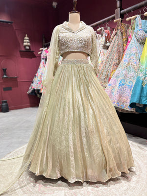 Golden Designer Lehenga with Pleated Skirt & Dupatta