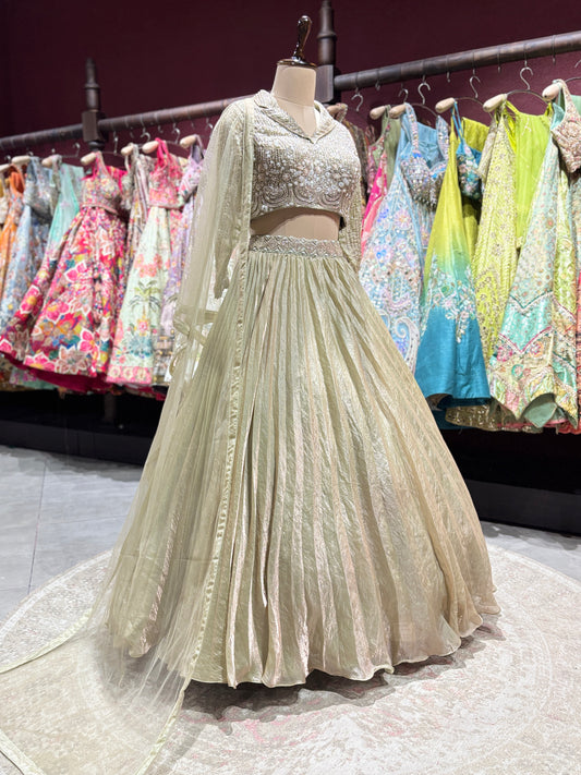 Golden Designer Lehenga with Pleated Skirt & Dupatta