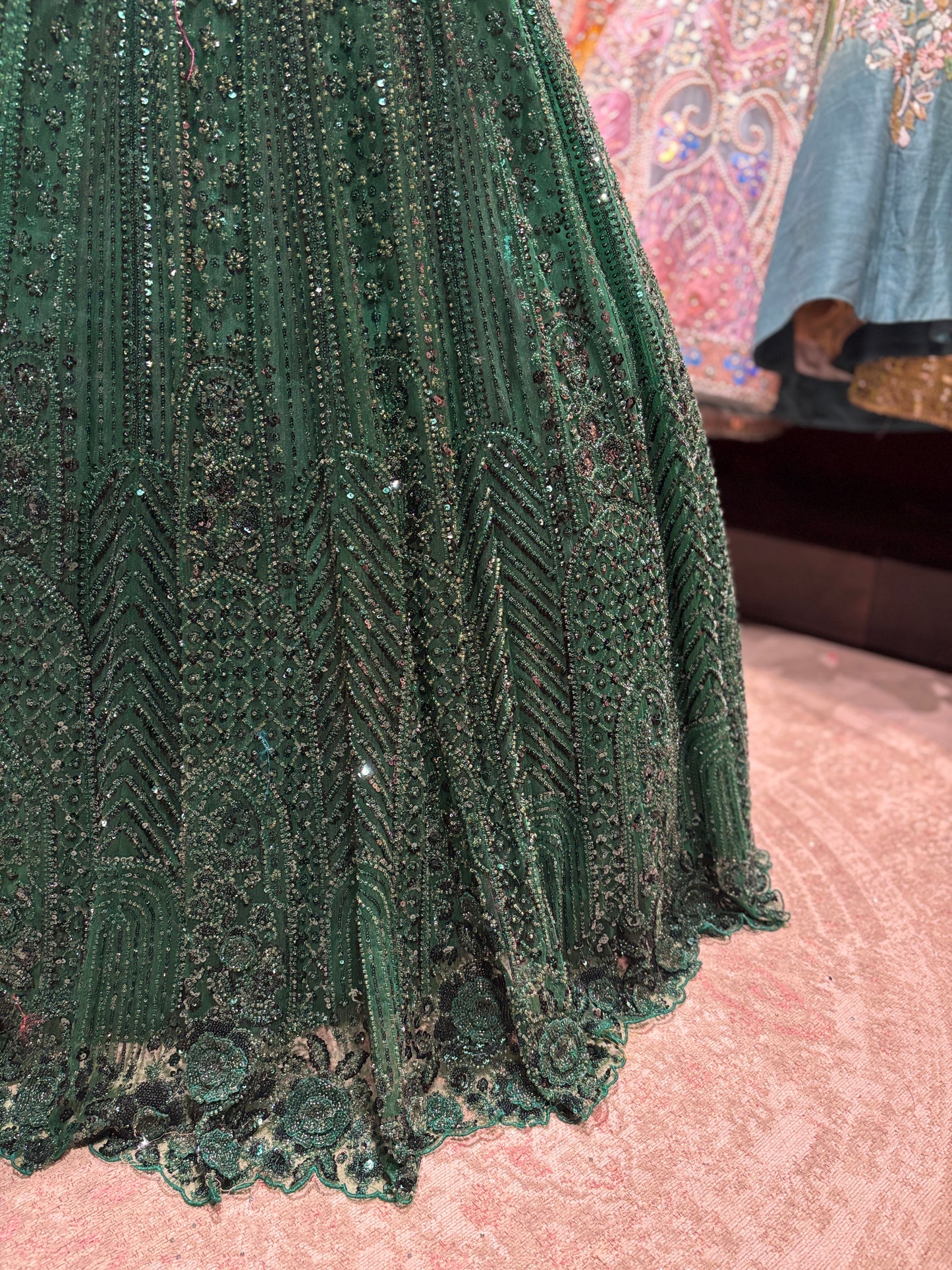 Emerald Green Sequin Embroidered Lehenga with Net Dupatta