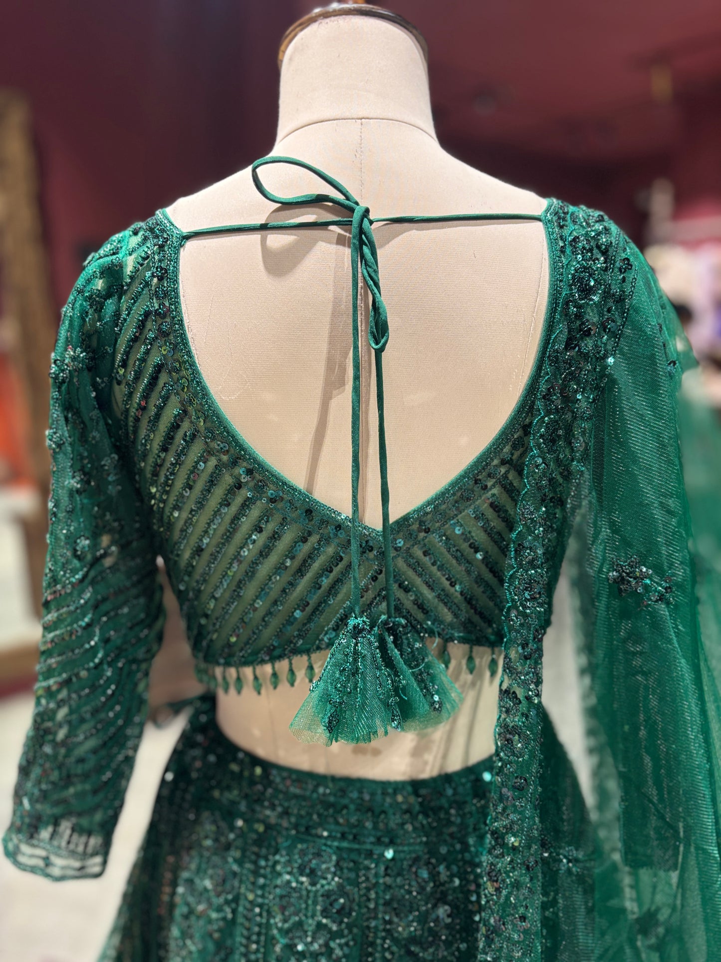 Emerald Green Sequin Embroidered Lehenga with Net Dupatta