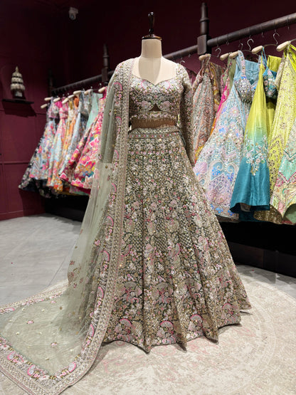 Sage Green Heavy Floral Embroidered Lehenga with Net Dupatta