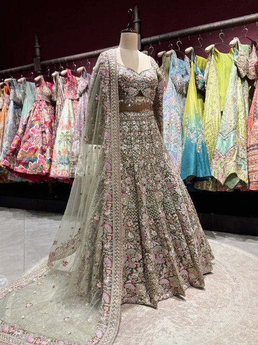 Sage Green Heavy Floral Embroidered Lehenga with Net Dupatta