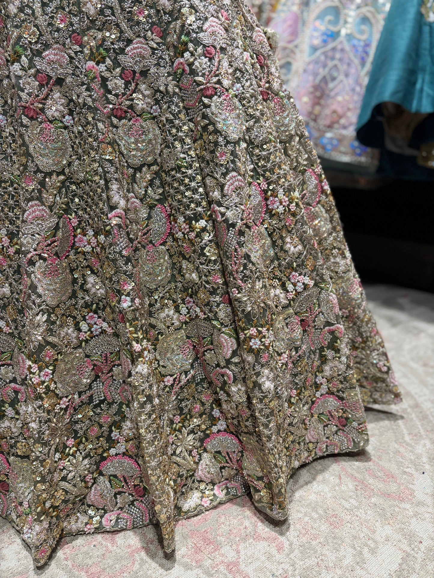 Sage Green Heavy Floral Embroidered Lehenga with Net Dupatta