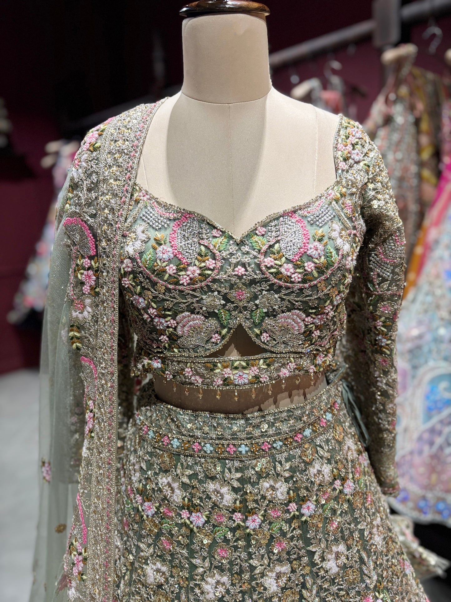 Sage Green Heavy Floral Embroidered Lehenga with Net Dupatta