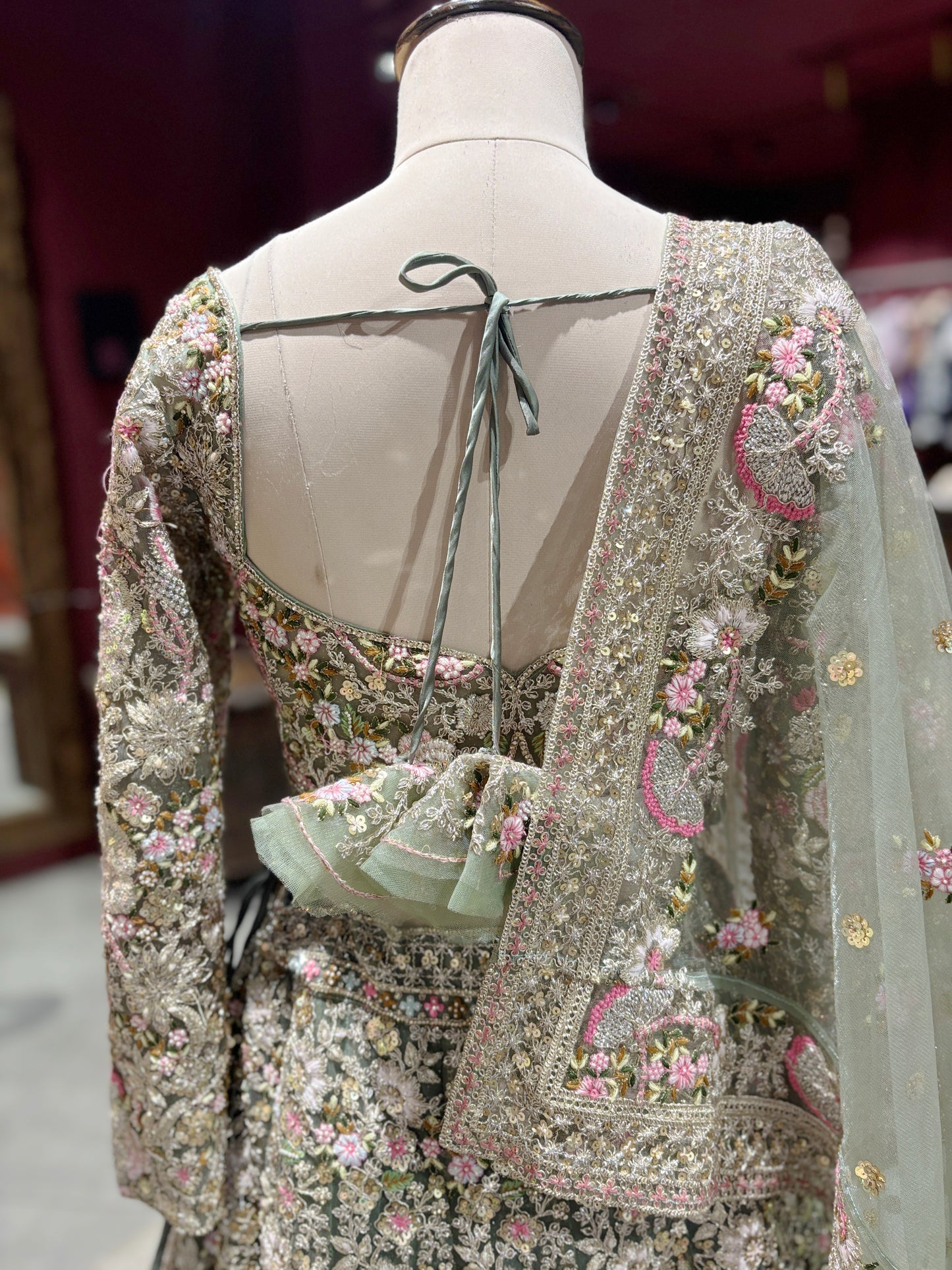 Sage Green Heavy Floral Embroidered Lehenga with Net Dupatta