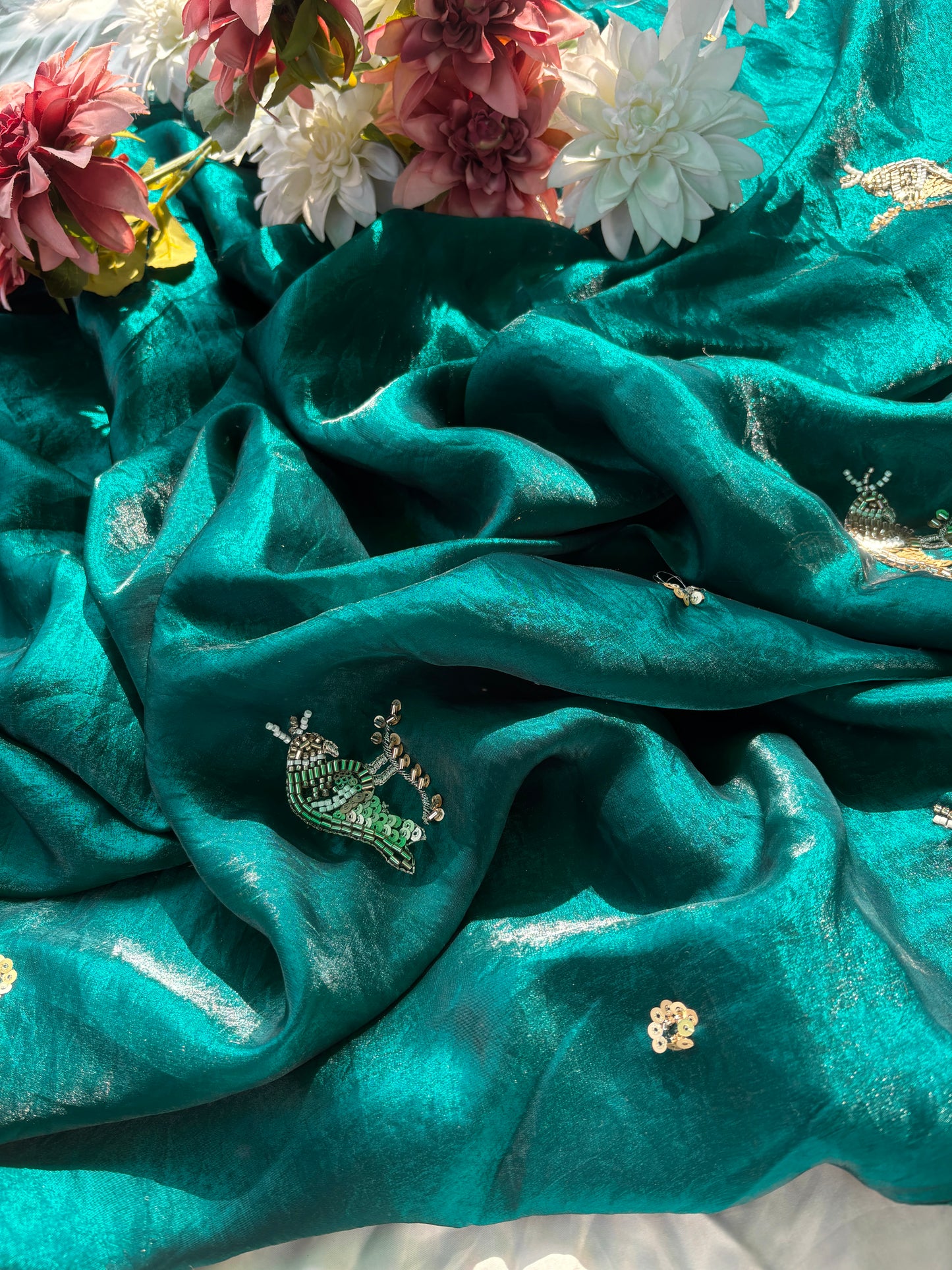 Rama Green Designer Saree with Handcrafted Bird Motifs