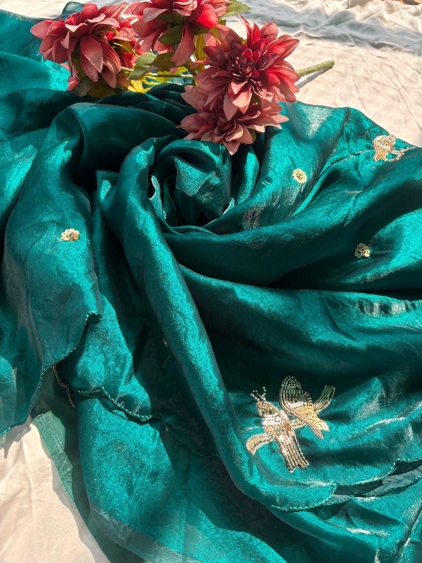 Rama Green Designer Saree with Handcrafted Bird Motifs