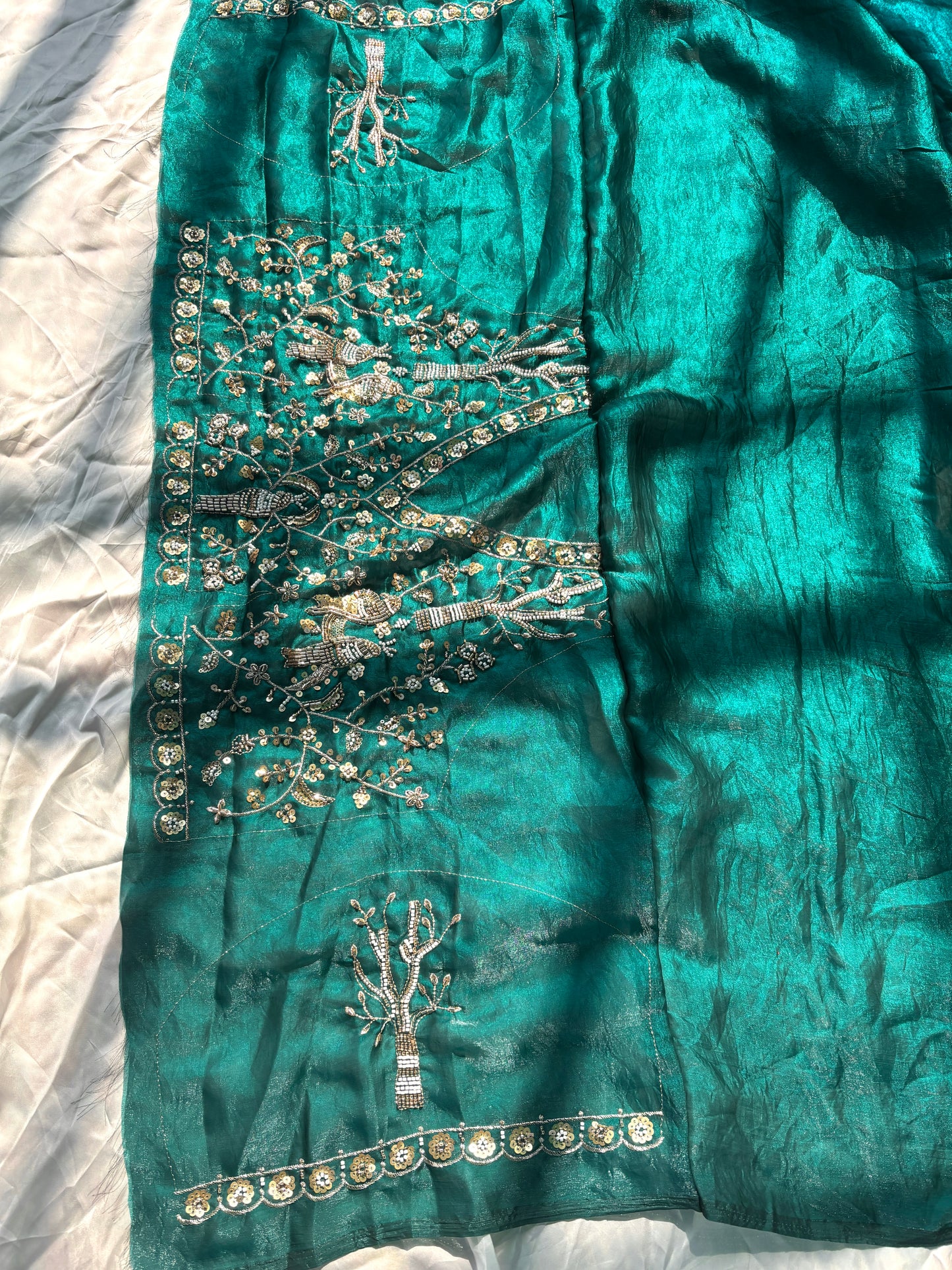Rama Green Designer Saree with Handcrafted Bird Motifs