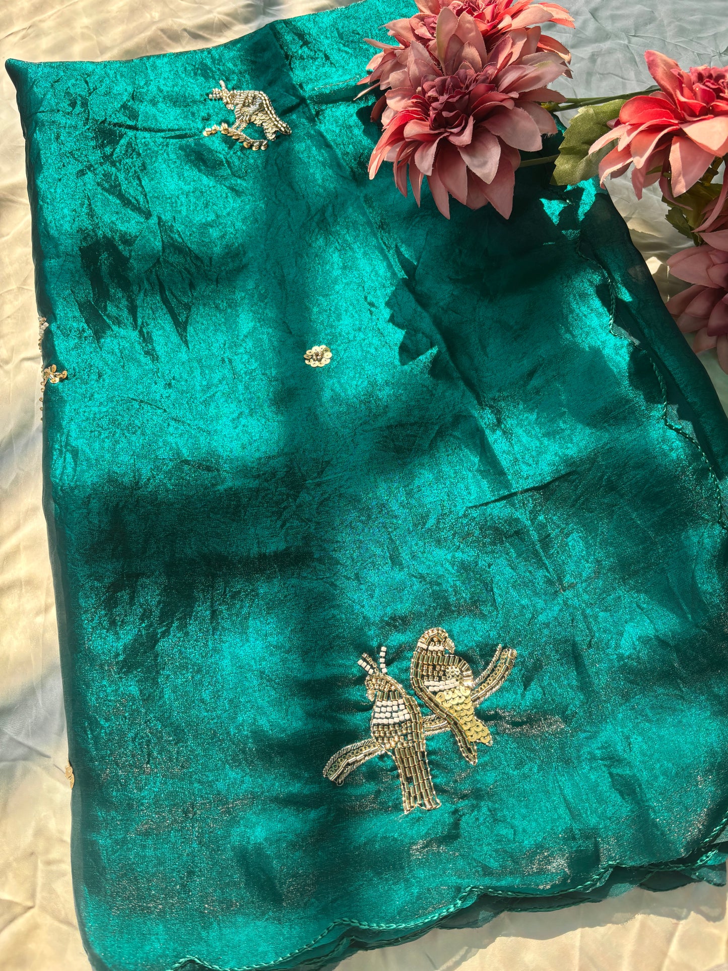Rama Green Designer Saree with Handcrafted Bird Motifs