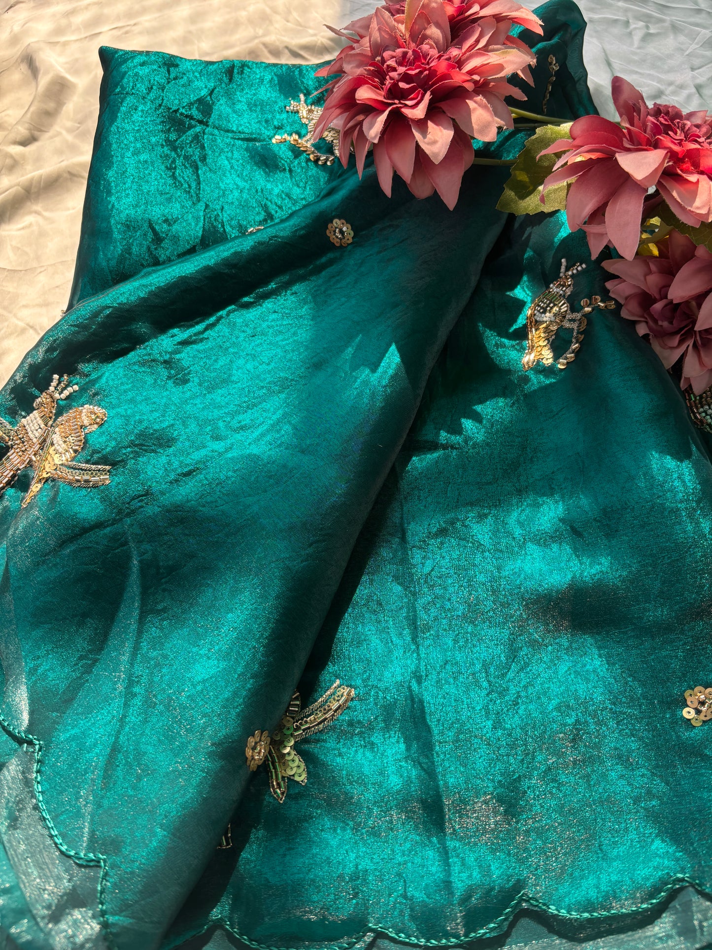 Rama Green Designer Saree with Handcrafted Bird Motifs