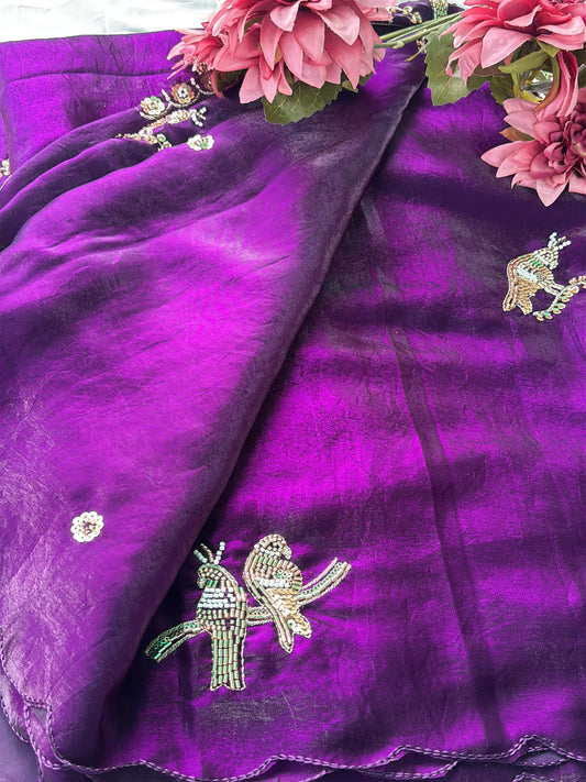 Purple Designer Saree with Handcrafted Bird Motifs