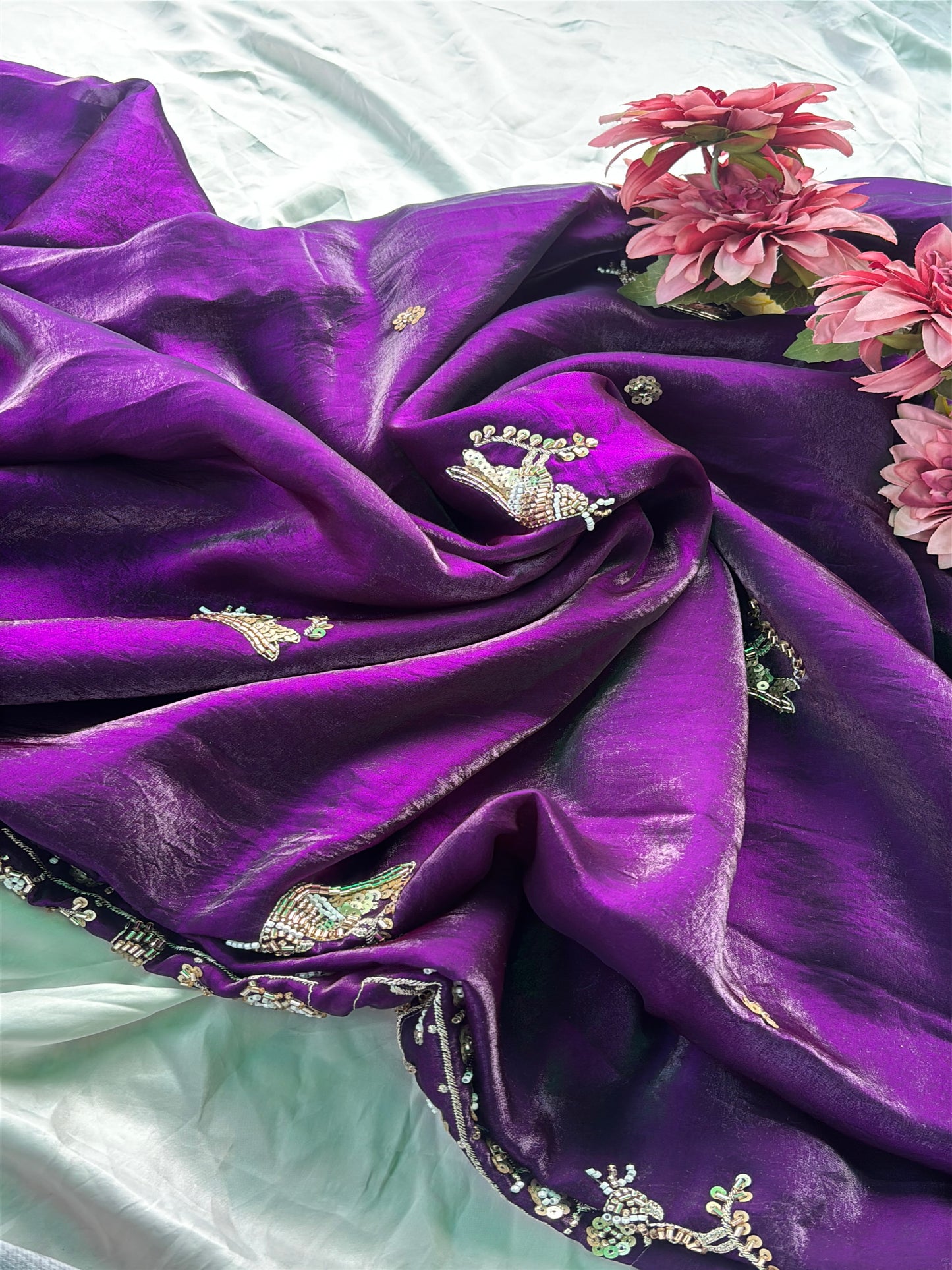 Purple Designer Saree with Handcrafted Bird Motifs