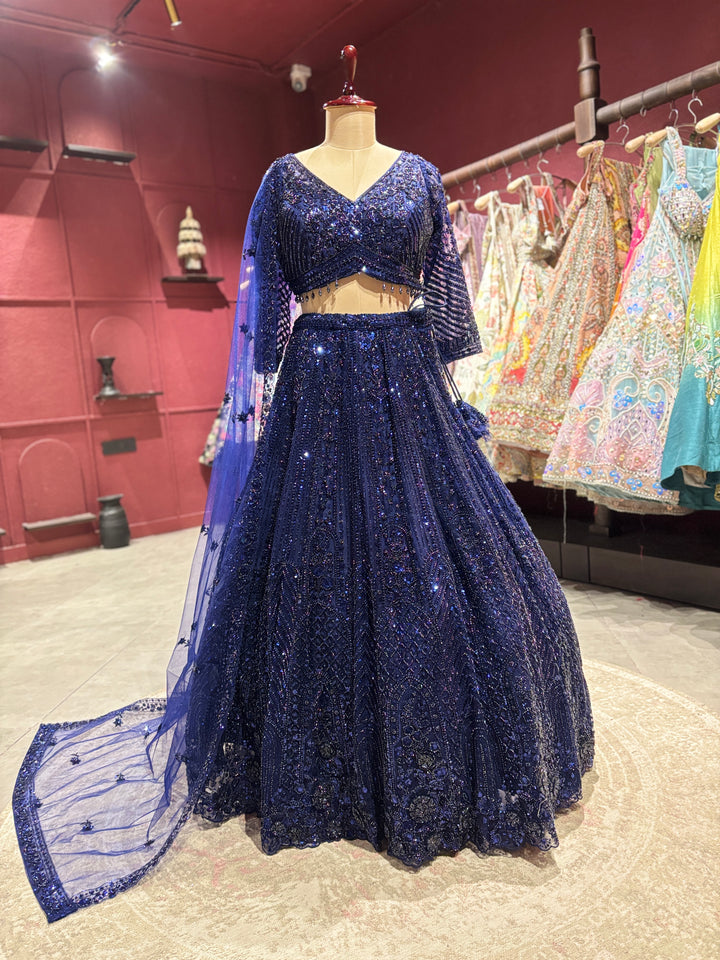 Blue Sequin Embroidered Net Lehenga with Full-Sleeve Designer Blouse