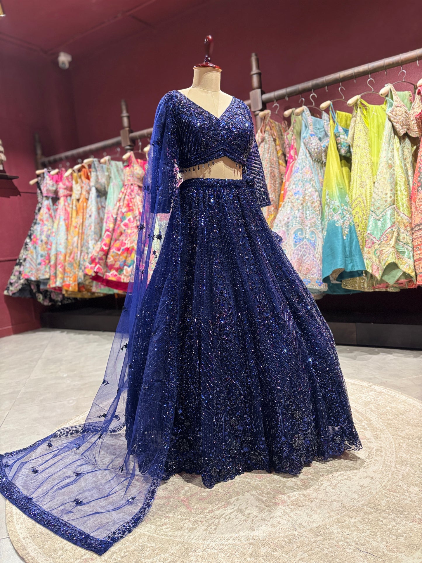 Blue Sequin Embroidered Net Lehenga with Full-Sleeve Designer Blouse