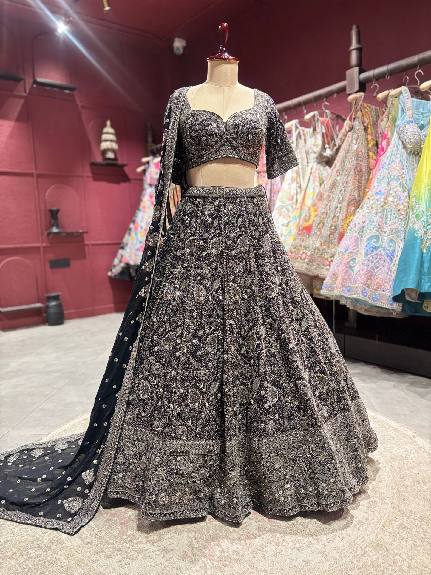 Black Antique Silver Heavy Embroidered Lehenga Choli with Dupatta