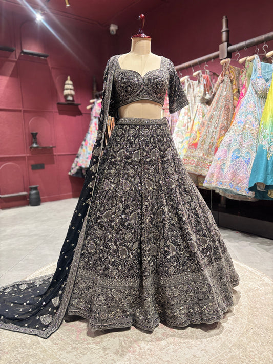 Black Antique Silver Heavy Embroidered Lehenga Choli with Dupatta