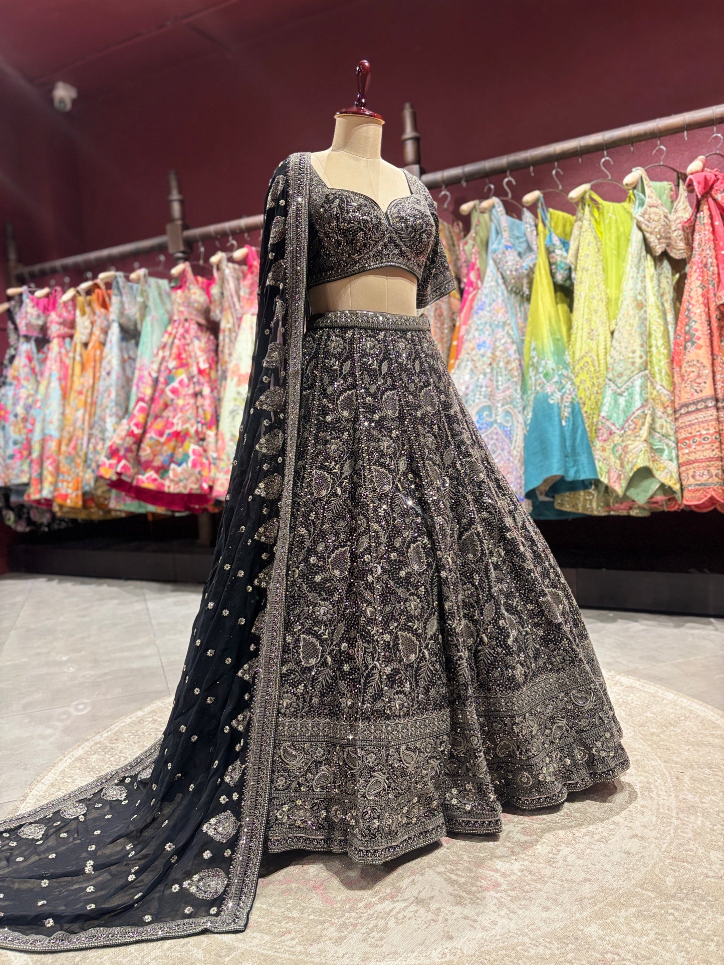 Black Antique Silver Heavy Embroidered Lehenga Choli with Dupatta