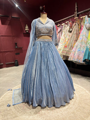 Sky Blue Designer Lehenga with Pleated Skirt & Dupatta