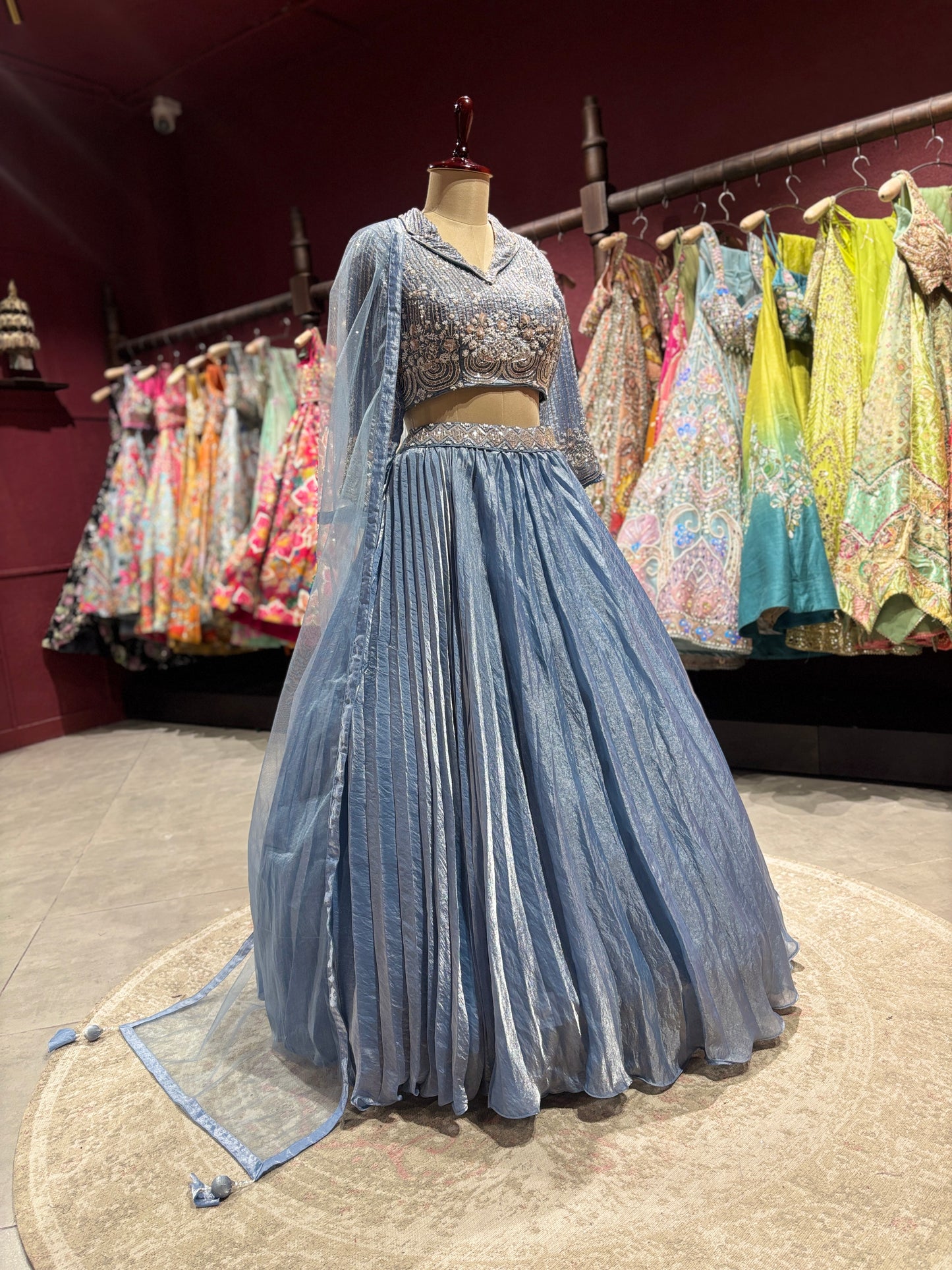 Sky Blue Designer Lehenga with Pleated Skirt & Dupatta