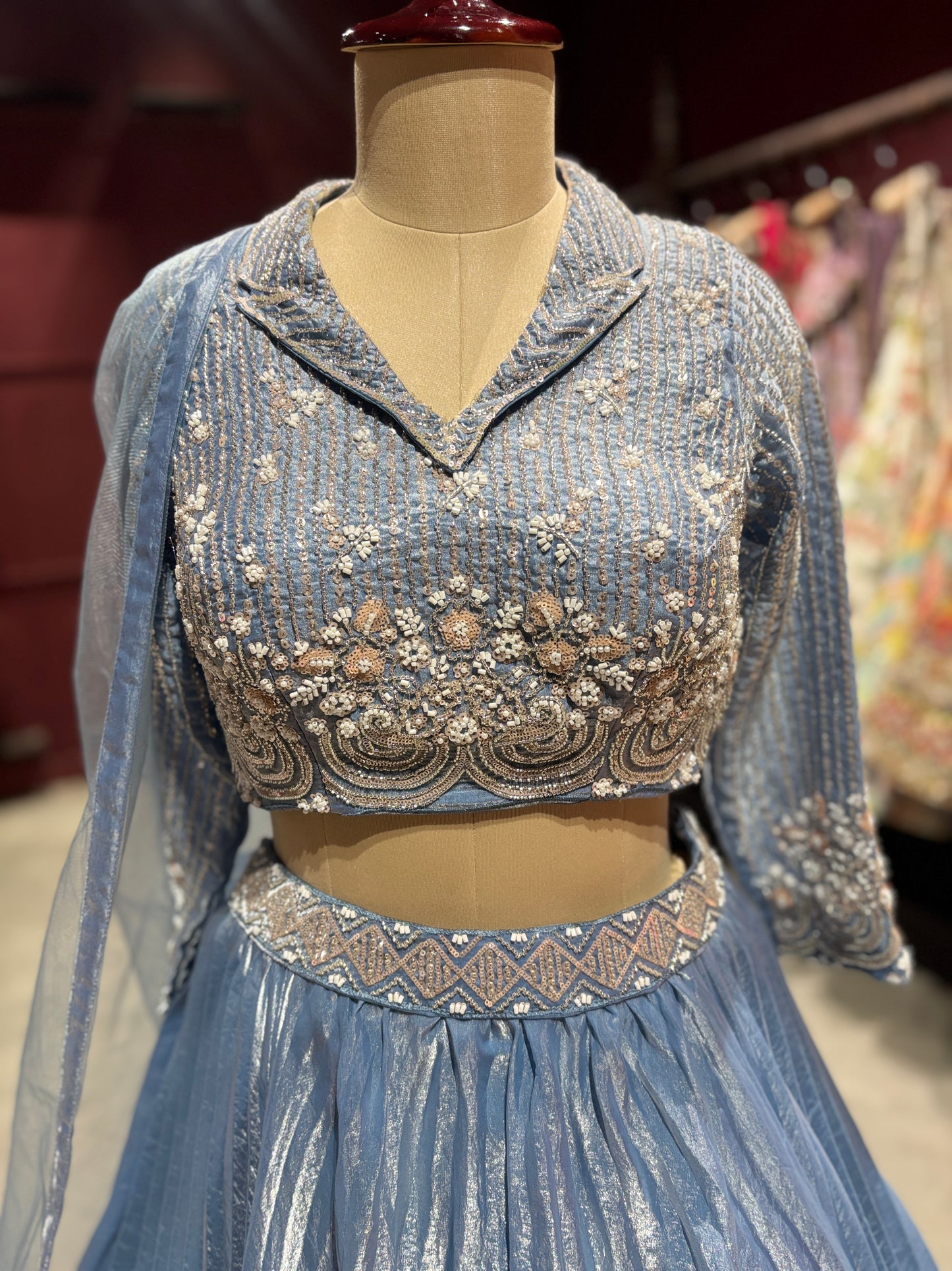 Sky Blue Designer Lehenga with Pleated Skirt & Dupatta