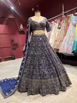 Navy Antique Silver Heavy Embroidered Lehenga Choli with Dupatta