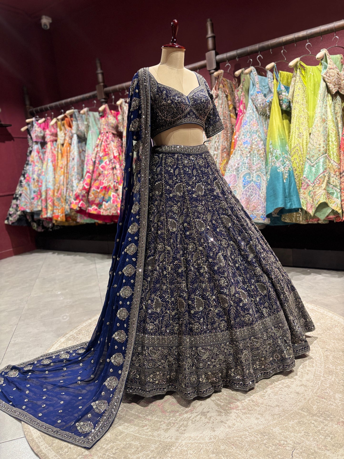 Navy Antique Silver Heavy Embroidered Lehenga Choli with Dupatta