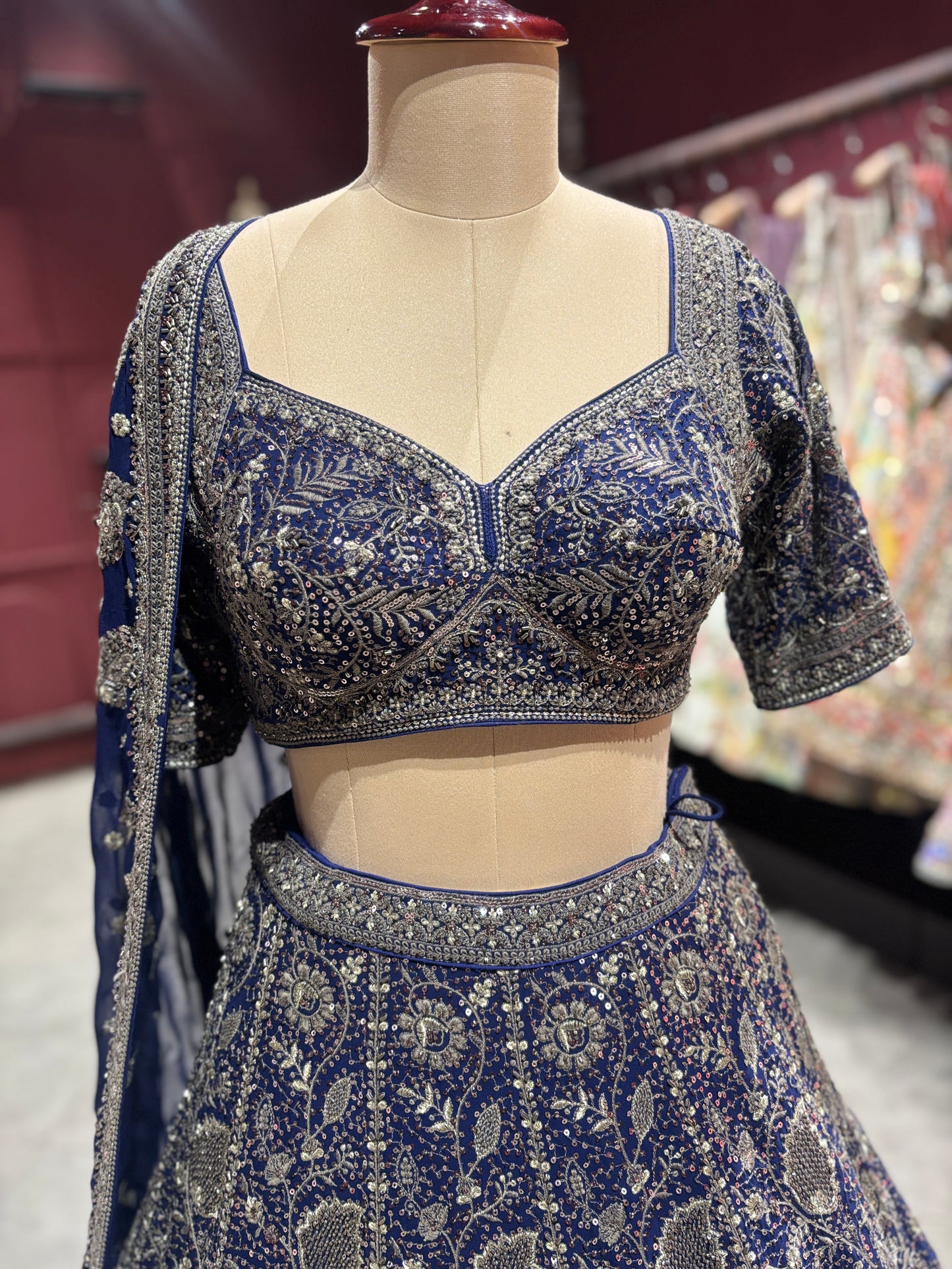 Navy Antique Silver Heavy Embroidered Lehenga Choli with Dupatta