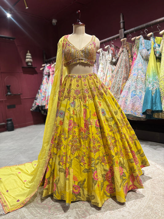 Mustard Yellow Floral Embroidered Festive Lehenga Choli with Dupatta