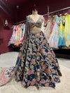 Navy Blue Floral Embroidered Designer Lehenga Choli with Dupatta