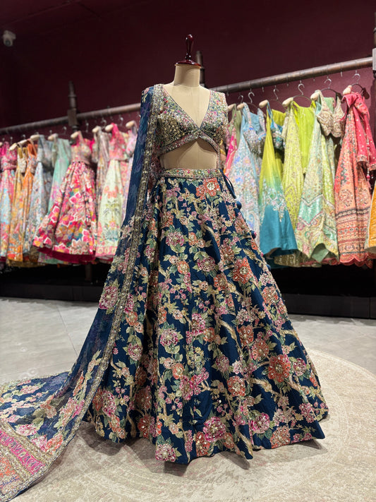 Navy Blue Floral Embroidered Designer Lehenga Choli with Dupatta