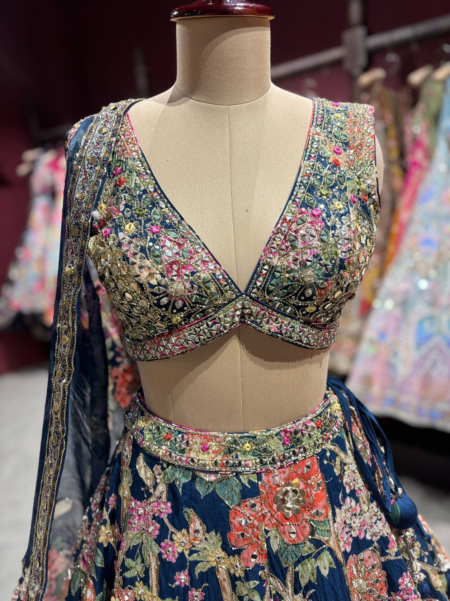 Navy Blue Floral Embroidered Designer Lehenga Choli with Dupatta