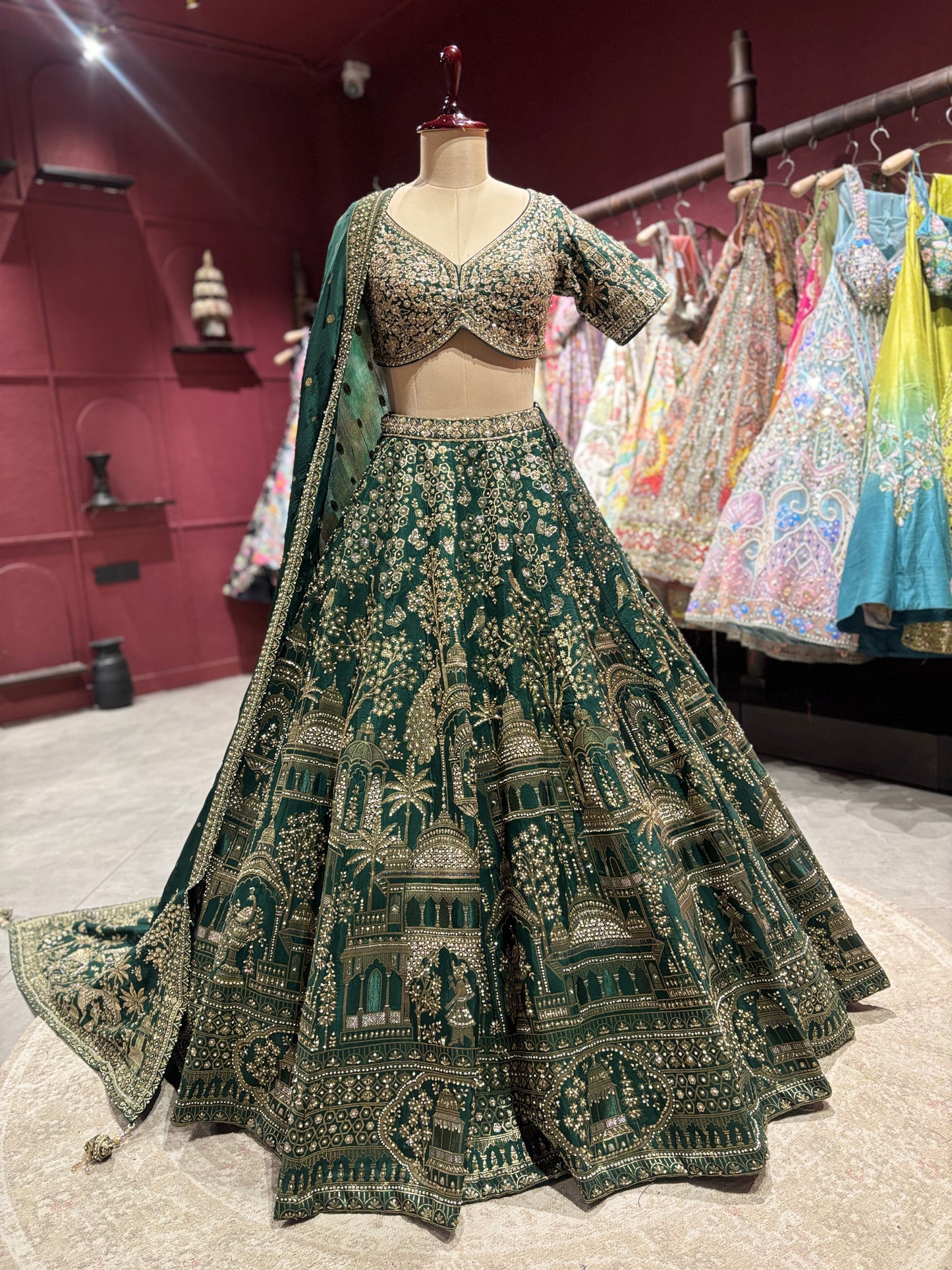 Green Zari Embroidered  Lehenga with Architectural Motifs