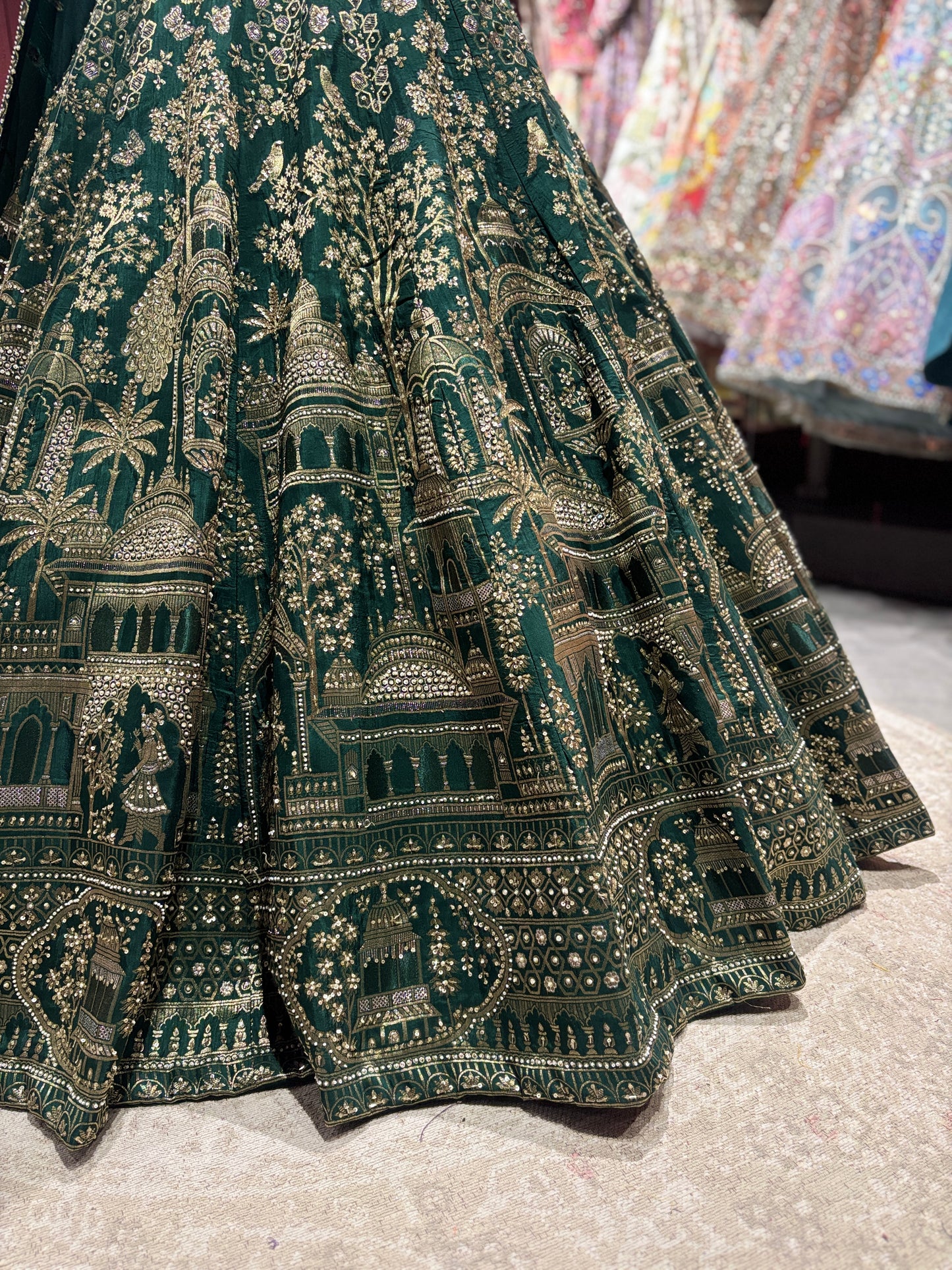 Green Zari Embroidered  Lehenga with Architectural Motifs