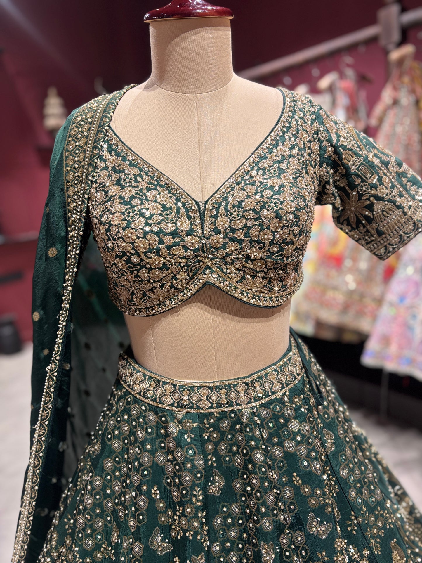 Green Zari Embroidered  Lehenga with Architectural Motifs