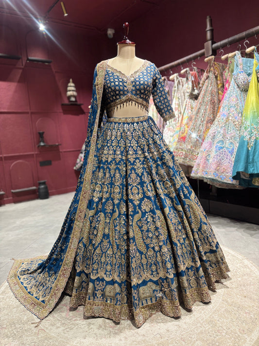 Royal Blue Heavy Zari Embroidered Designer Lehenga Set